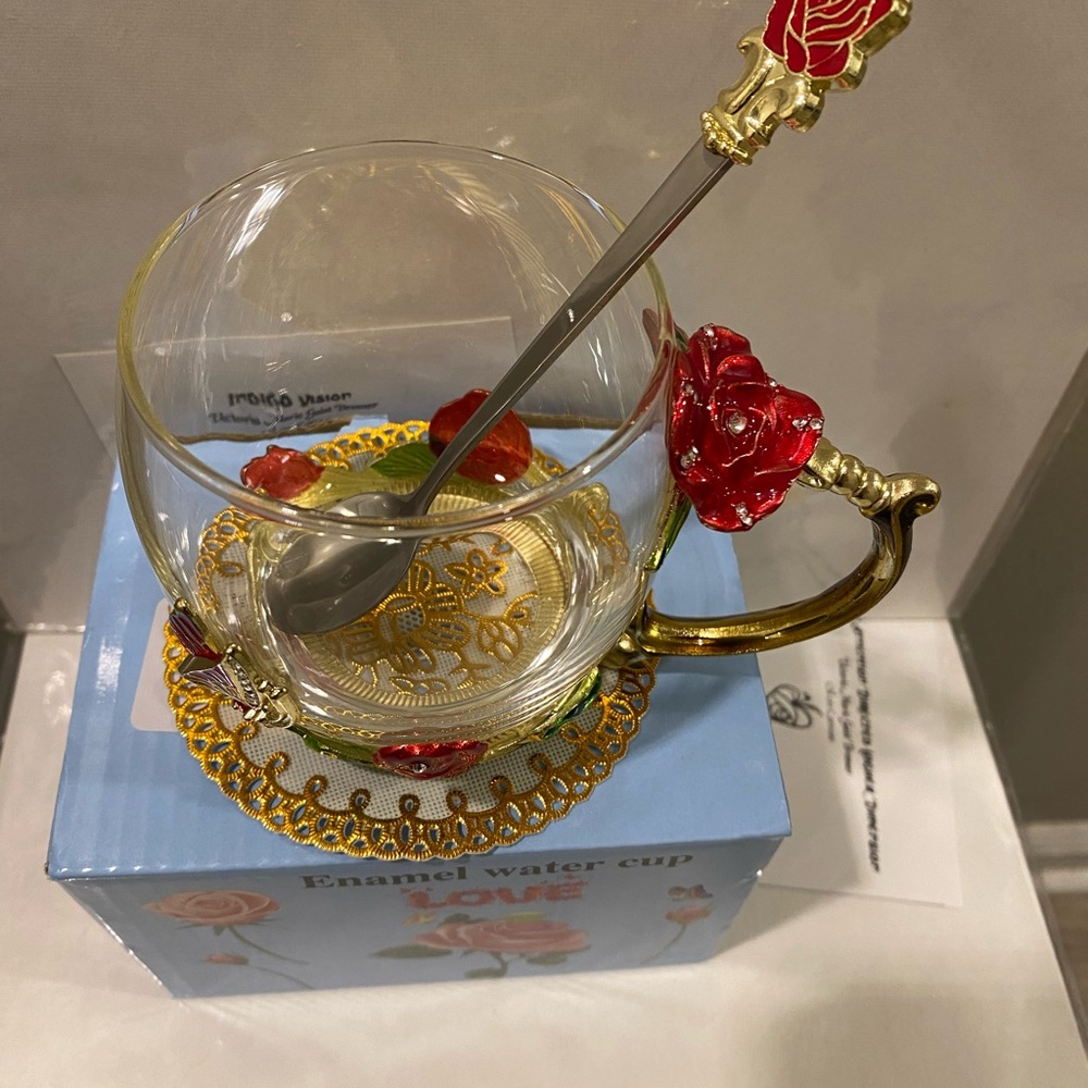 Glass Tea Cup with Red Rose Design